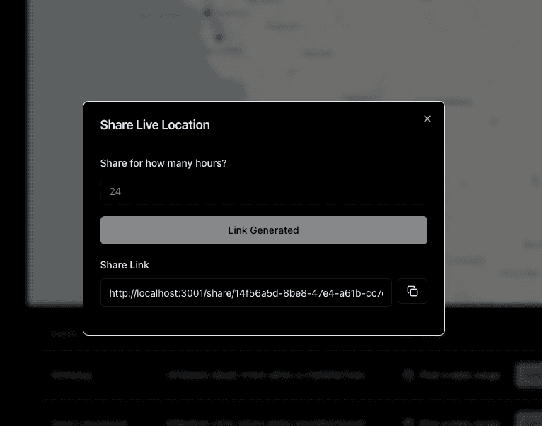 GPS asset tracking interface showing how to generate a shareable tracking link